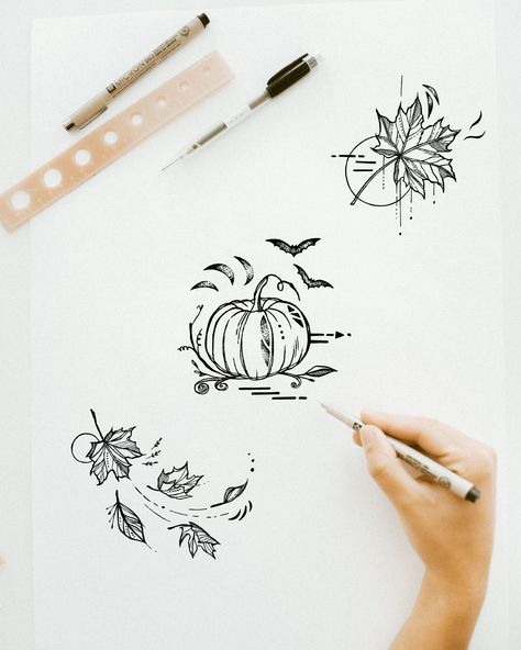 Autumn tattoo - leaves, Halloween, pumpkin line-drawing artwork delicate small tiny tattoo idea Autumn Tattoo Black And White, Tattoos For Fall Lovers, Halloween Leaf Tattoo, Fall Leaves Line Art, Autumn Leaves Tattoo Design, Pumpkin With Vines Tattoo, Autumn Leaves Tattoo Small, Fall Season Tattoo, Delicate Halloween Tattoo