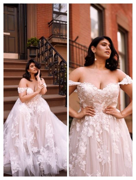 Plus Size Wedding Dresses Aline, Plus Size Off Shoulder Wedding Dress, Wedding Dresses Chubby Brides, Jj Clothes, Curvy Girl Wedding Dress, Wedding Gown For Chubby Brides, Flowery Wedding Dress, Floaty Wedding Dress, September Wedding Colors