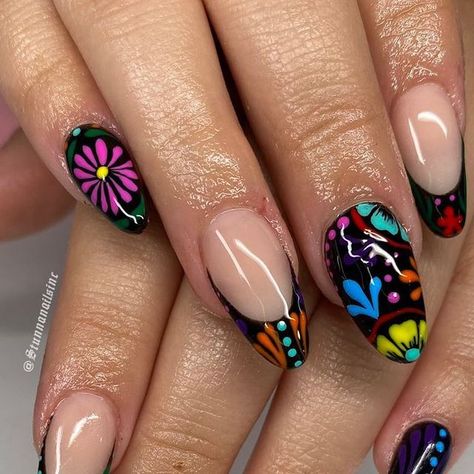 STUNNA NAILS 💕| West Covina Nail Tech on Instagram: "Birthday freestyle ✨  Using all @nailz_by_dev products  •baddest back&black out  •top coat •9mm brush and dotting tools •grape soda •solo cup •blue da ba see •all that •oops I did it again  •nick splat •lime wire •spice girl   #stilettonails #swarovskinails #shortnails #longnails #acrylicnails #westcovinanails  #westcovinanailtech #covinanails  #nailart  #nailsofinstagram #nailinspo #westcovinanails  #baddienails #almondnails #gelx #taperedsquarenails #nailsbystunnax #stunnanailsinc #stunnanails #mexicannails #mexicanstylenails #fiestanails" Dis De Los Muertos Nail Ideas, Hispanic Heritage Nail Design, Day Of The Dead Nails Simple, Day Of The Dead Nails Acrylic, Catrina Nails Design, Mexican Embroidery Nails, Coco Nails Disney, Day Of The Dead Nail Art, Mexican Nails Designs Mexico