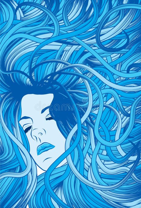 Woman's face with flowing blue hair stock illustration Blue Hair Illustration, Illustration Hair, Long Flowing Hair, Silhouette Sketch, Hair Illustration, Flowing Hair, Woman Illustration, Flow Blue, Aesthetic Images