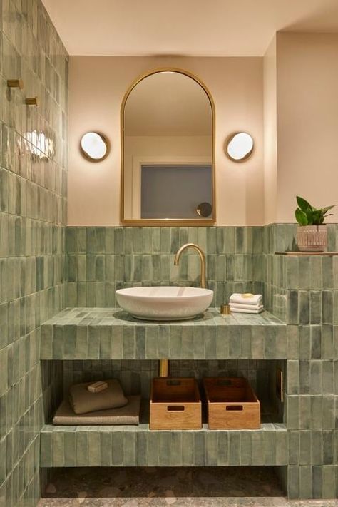 Terrazzo Floor Tiles Bathroom, Green Cloakroom Toilet, Green Zellige Tile Bathroom, Terracotta And Green Bathroom, Moss Green Bathroom, Green Terrazzo Bathroom, Bathroom Terracotta, Zellige Tile Bathroom, Bread Bar