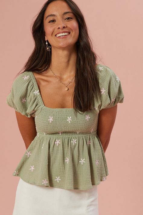 Olivia Embroidered Babydoll Top in Sage & Pink | Altar'd State Babydoll Top, Crop Blouse, Cotton Shorts, Baby Dolls, Casual Women, Blouses For Women, Top Blouse, White Dress, Rompers