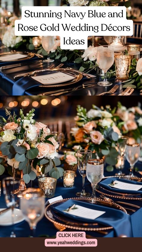 Navy blue and rose gold wedding décor featuring elegant table settings, beautiful flower arrangements, and stylish centerpieces for a chic celebration. Rose Gold And Navy Blue Wedding Centerpieces, Navy Blue Tablescape Wedding, Navy Blue And Rose Gold And Black Wedding, Navy Blue Dusty Rose And Gold Wedding, Rose Gold And Navy Centerpieces, Navy Blush Gold Wedding Centerpieces, Navy And Metallic Wedding, Navy Blue Rose Gold Champagne Wedding, Navy Blush Wedding Decor