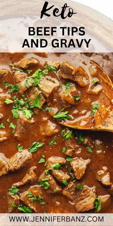 Tenderly cooked beef smothered in a savory gravy...this keto beef recipe is easy and perfect for busy weeknights. Serve over cauliflower mash or rice... either way, this comfort dish will be a hit! Keto Beef Tips And Gravy, Keto Beef Tips, Crock Pot Stew Meat Recipes, Beef Tips And Gravy Recipe, Beef Gravy Recipe, Keto Beef Stew, Beef Stew Meat Recipes, Low Carb Meats, Beef Tips And Gravy