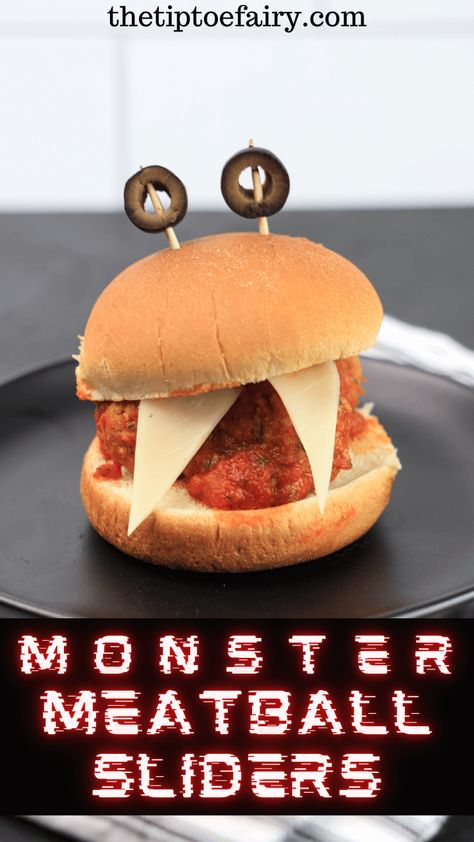 Halloween Meatball Sliders, Monster Meatball Sliders, Monster Sliders Halloween, Halloween Sliders, Halloween Meatballs, Spooky Dinner, Themed Recipes, Meatball Sliders, Halloween Food Dinner