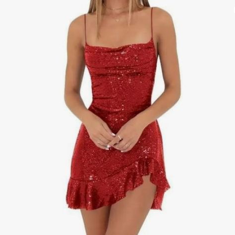 New, Never Worn, Red Sequin Cocktail Dress With Spaghetti Straps, Flattering Asymmetrical Hemline And Lace-Up Open Back. Homecoming Dresses For Teens, Prom Outfit, Sequin Short, Sequin Cocktail Dress, Red Sequin, Dresses For Teens, Homecoming Dresses, Open Back, Homecoming