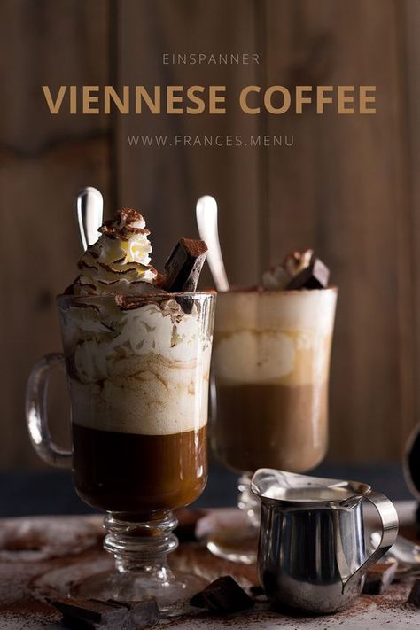 www.frances.menu Learn how to make Einspänner Coffee (Viennese Coffee). It contains two shots of espresso and lots and lots of whipped cream. Viennese Coffee, Nespresso Recipes, Coffee Facts, Coffee Barista, Coffee Menu, Coffee Drink Recipes, Gourmet Coffee, Bakery Cafe, Coffee Cafe