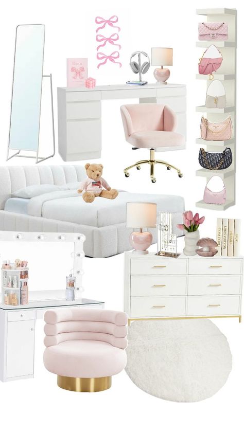 Aesthetic Bedroom Mood Board, Pink Room Inspo Minimalist, Dream Bedroom Minimalist, Girly Coquette Room, Pink Victoria Secret Room Aesthetic, Clean Girly Room, Pink Soft Room, Cool Girl Room Decor, Room Makeover Pink