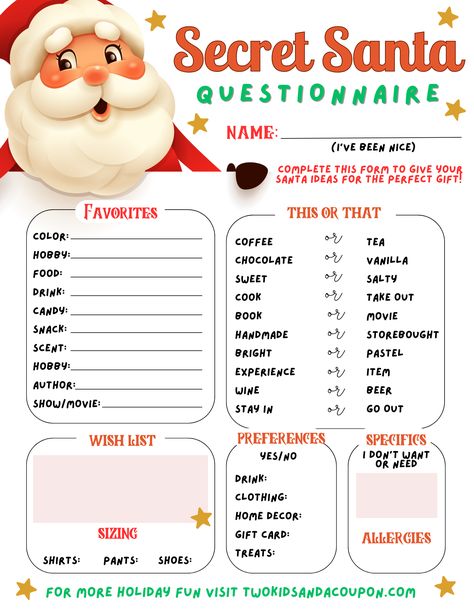 "Help Santa find the perfect gift with a handy secret Santa form that is perfect for your holiday gift exchange. Have each member of your gift exchange fill this out and it will provide a guide for participants to find them the perfect holiday presents(s). By providing info on their favorite colors, flavors, preferences and more, it's a great way to get to know them better and to find the perfect gift. Print it for your upcoming gift exchange. " Secret Santa Form, Religious Christmas Crafts, Craft Paper Design, Kids Christmas Coloring Pages, Kids Fathers Day Crafts, Holiday Gift Exchange, Diy Christmas Lights, Halloween Craft Projects, Paper Party Decorations