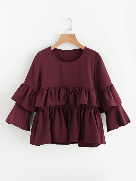 Shop Tiered Frill Layered Blouse online. SheIn offers Tiered Frill Layered Blouse & more to fit your fashionable needs. Stylish Sleeves, Frill Blouse, Fancy Tops, Mode Abaya, Fashion Tops Blouse, Layered Blouse, Sleeves Designs For Dresses, Trendy Fashion Tops, Layer Top