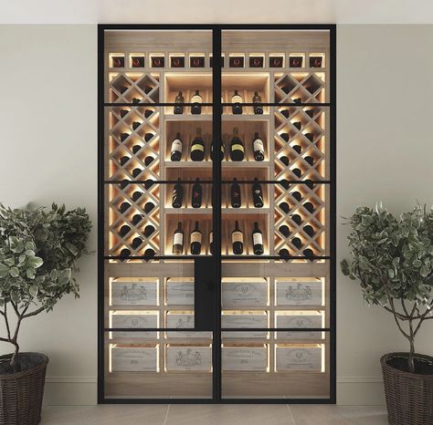 Wine Cellar Glass Wall, Wine Closet Design, Glasses Cabinet, Glass Wine Room, Wine Cupboard, Wine Cabinet Design, Wine Seller, Wine Grotto, Wine Cellar Wall