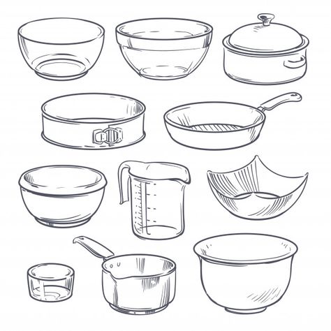 Cooking Utensils Drawing, Kitchen Tools Drawing, Utensils Drawing, Basic Sketching, Food Sketch, Object Drawing, Mini Drawings, Hand Drawn Vector, Glass Bowls