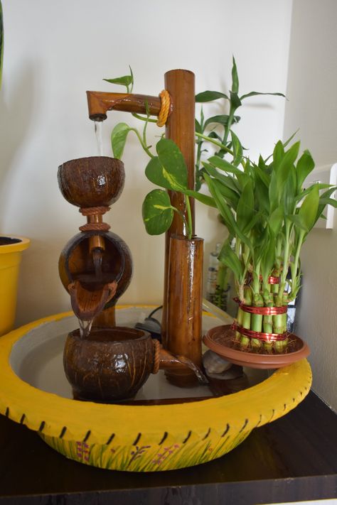 Bamboo Projects, Indoor Tabletop Fountains, Bamboo Water Fountain, Bamboo Fountain, Water Wall Fountain, Taman Air, Positive Aura, Coconut Shell Crafts, Diy Water Fountain