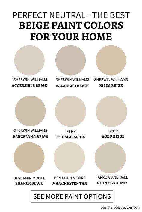 Discover the perfect neutral palette for your home with our curated selection of the best beige, taupe, and cream paint colors. Transform any room into a serene oasis with these versatile hues. Shaker Beige Color Palette, Tan Beige Paint Color, Neutral Beige Paint Colors Living Room, Farmhouse Tan Paint Colors, Beige Taupe Paint Colors, Light Sand Paint Color, Taupe Dining Room Walls, Cream Beige Paint Colors, Soft Beige Paint Colors