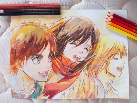 an artwork of Mikasa Ackerman, Eren Jeager, and Armin Arlert form the anime, Attack on Titan Color Pencil Drawing Anime, Colored Pencil Anime Drawing, Colored Pencil Anime Art, Color Pencil Anime, Manga Watercolor Anime Art, Anime Sketch Colored, Colored Pencil Anime, Anime Color Pencil Art, Colored Pencil Water