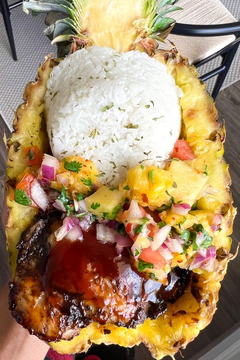 Jerk Bbq Chicken, Pineapple Rice Bowl, Pineapple Bowl Recipe, Jerk Shrimp, Pineapple Rice, Chicken Pineapple, Pineapple Bowl, Chili Lime Seasoning, Shrimp And Rice