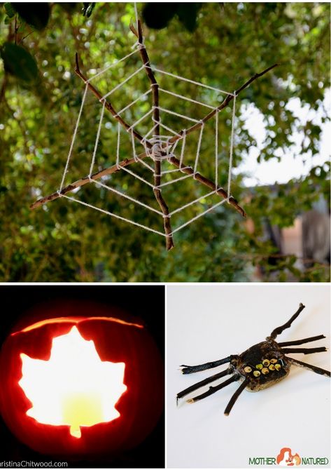 Halloween Nature Crafts For Kids, Sustainable Halloween Decorations, Natural Halloween Decorations, Eco Friendly Halloween Decor, Nature Halloween Crafts, Halloween Nature Crafts, Spider Crafts Preschool, Woodland Crafts, Nature Crafts For Kids