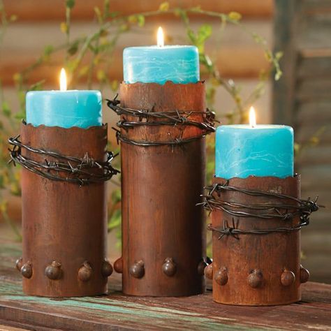 Mood Lighting: Western Candle Holders - COWGIRL Magazine Cook Shack, Western Candle Holders, Wire Candle Holder, Western Candles, Country Western Decor, Black Forest Decor, Cowboy Decorations, Crow's Nest, Western Furniture