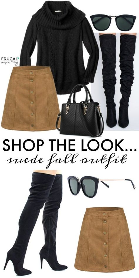 Black and Tan Suede Skirt Outfit - It's another Frugal Fashion Friday and we have some fall fashion for you. We combined black with tan suede. #ootd #fallfashion #fashionweek #fall #outfit #fashion #fashionblogger #fashionista #fashionblog #fashionstyle #outfits #outfitoftheday #outfitideas #outfitinspiration Black And Tan Womens Outfit, Tan Suede Skirt Outfit, Gatlinburg Outfits, Tan Skirt Outfit, Chick Dress, Suede Skirt Outfit, Tan Suede Skirt, Maxi Dress Outfit Fall, Tan Outfit