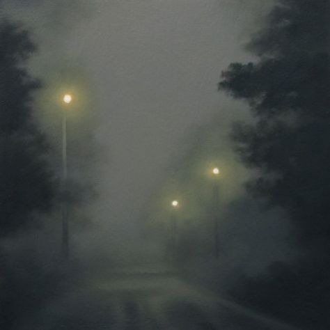 Foggy Street, Foggy Night, Street Lights, At Night, Oil Painting, Trees, Wood, Art