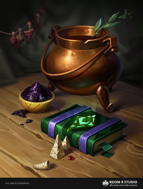 Magic Cauldron Illustration, Fantasy Chef, Props Illustration, Copper Cauldron, Crystal Book, Props Concept, Magic Bottles, 2d Game Art, Props Art