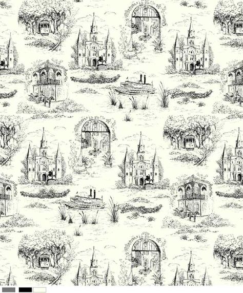 I love Bryann Bratt's New Orleans print toile fabric. Would love some throw pillows made in this for my bed. Toile Wallpaper, Toile Pattern, French Toile, Toile Fabric, Wedding Art, Chinoiserie, My Favourite, Art Wallpaper, New Orleans