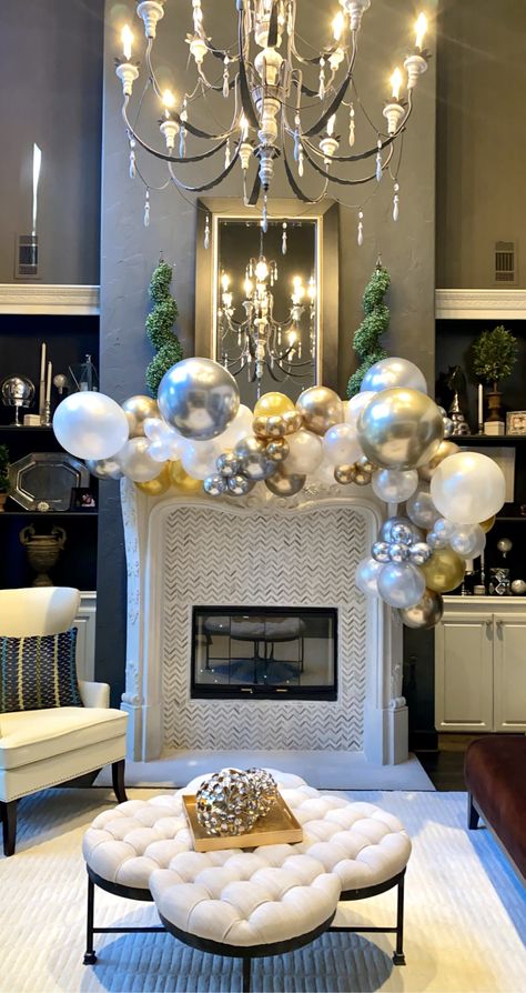 Balloon Garland For Mantle, Balloon Arch On Fireplace Mantle, Balloon Garland On Fireplace Mantle, Fireplace Birthday Party Decor, Mantel Balloon Garland, Balloons On Fireplace, Balloon Garland Fireplace Mantle, Balloon Arch Around Fireplace, Balloon Garland Mantle