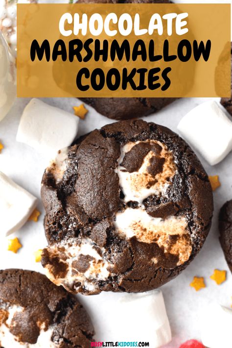 Marshmallow Surprise Cookies, Choc Marshmallow Cookies, Chocolate Fluff Cookies, Quick Marshmallow Dessert, How To Use Marshmallows, Dark Chocolate Marshmallow Cookies, Marshmallow Fluff Cookie Recipes, Chocolate Cookie With Marshmallow On Top, What To Do With Mini Marshmallows