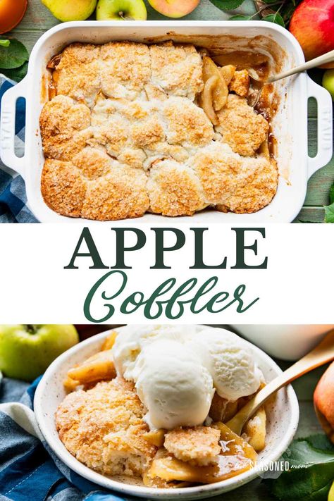 Apple season in the mountains of Virginia means apple butter on cornbread, jars of homemade applesauce, apple crisp, apple pie, and of course -- this old-fashioned apple cobbler recipe! With a warmly spiced fresh fruit filling, buttery biscuit crust, and vanilla ice cream on top, it's one of autumn's most delicious desserts! Apple And Peach Recipes, Can Apple Pie Filling Recipes Easy, Apple Cobbler Easy, Deep Dish Apple Pie, Biscuit Crust, Apple Cobbler Recipe, Frozen Biscuits, Apple Pie Filling Recipes, Apple Pie Recipe Easy