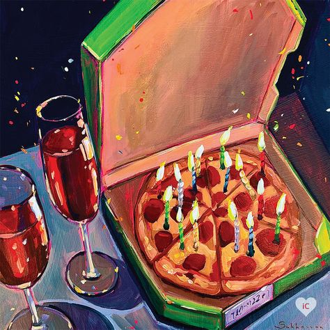 Victoria Sukhasyan’s art print “Pizza And Birthday Candles” shows an open box of pepperoni pizza with lit candles in it next to two glasses of red wine. iCanvas offers canvas art and framed paper prints in a variety of sizes and frame styles. Every work of art is hand-made to order by our in-house team, using only premium materials to ensure you heart your art. We have sales every week, click-thru to see today’s pricing! #food #art #pizza #birthdaycandles #redwine #stilllife #wallart Pizza Painting Acrylic, Food Art Painting Acrylic, Pizza Rose, Pizza Painting, Wine Still Life, Victoria Sukhasyan, Candles Food, Candles Wine, Wine Pizza