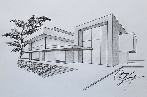 Architecture Drawing One Point Perspective, Sketch Of A Building, Pencil Drawing Of Buildings, 1 Point Perspective Architecture, Building Drawings Architecture, Two Perspective Drawing Buildings, Drawing Ideas House Sketch, Marker Building Drawing, House Drawing Perspective