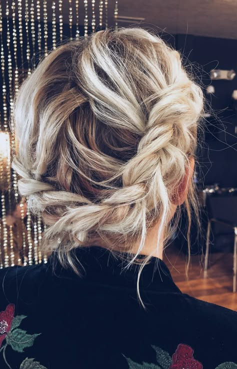 Boho Updo For Fine Hair, Braided Updo Shoulder Length Hair, Halo Braid For Short Hair, Special Event Hairstyles For Short Hair, Braided Hairstyles Updo Simple, Messy Braided Updo, Short Hair Boho Style, Plait Hair Up, Short Hair Updo For Wedding