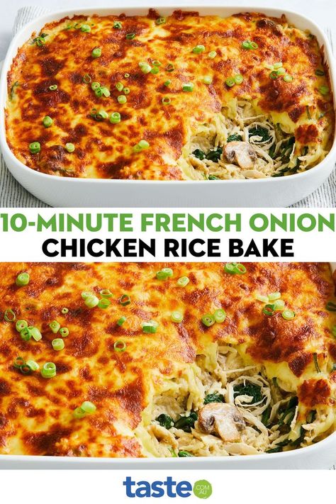 Vegetable Bake Recipes, Rice Bake Recipes, Chicken Rice Bake, Chicken Tray Bake, Rice Bake, Cooked Chicken Recipes, Pasta Noodle Recipe, French Onion Chicken, Baked Dinner