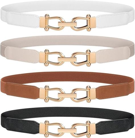 WERFORU Women Skinny Belt for Dresses Retro Stretch Ladies Waist Belt Plus Size Set of 4 (Fits Waist 30"-42", o-beige+black+white+brown) at Amazon Women’s Clothing store Belt For Dresses, Plus Size Set, Double Buckle Belt, Nice Fashion, Belt Leather, Stretch Band, Studded Belt, Ladies Dresses, Retro Dress