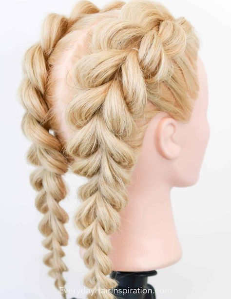 Balayage, 2 Pull Through Braids, Dual Braid Hairstyle, Double Dutch French Braid, Double French Rope Braid, Braid Using Elastics, Rubber Band Bubble Braid, Waffle Braids, How To Do Fake Dutch Braids