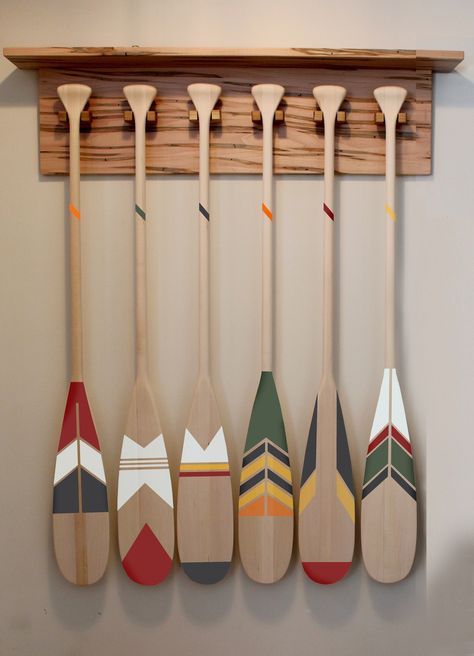 "SET of THREE - Hand Painted Decorative Canoe Paddle Oar Wall Art - Choose your three favorites! A special client asked me to use these special colors for her Montana lake cabin - and we loved it! Each painted paddle is constructed of stacked laminated basswood, and sealed for durability. The lovely curved silhouette creates a beautiful canvas for the hand painted designs in this Montana Lake Collection of Forest, Red, Black, White, Orange & Yellow. Finished in Clear coat, or Walnut with Clear c Painted Oars Paddles, Canoe Paddle Decor, Painted Oars, Paddle Decor, Montana Lakes, Painted Paddles, Wood Canoe, Adirondack Style, Beachfront Decor