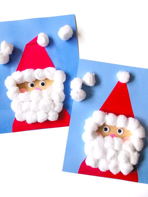 Cotton Ball Winter Crafts For Kids, Puffy Paint Santa Craft, Christmas Cotton Ball Crafts, Santa Cotton Ball Craft, Christmas Crafts With Cotton Balls, Cotton Ball Snowman Craft, Easy Santa Craft, Santa Clause Craft Ideas, Santa Art Preschool