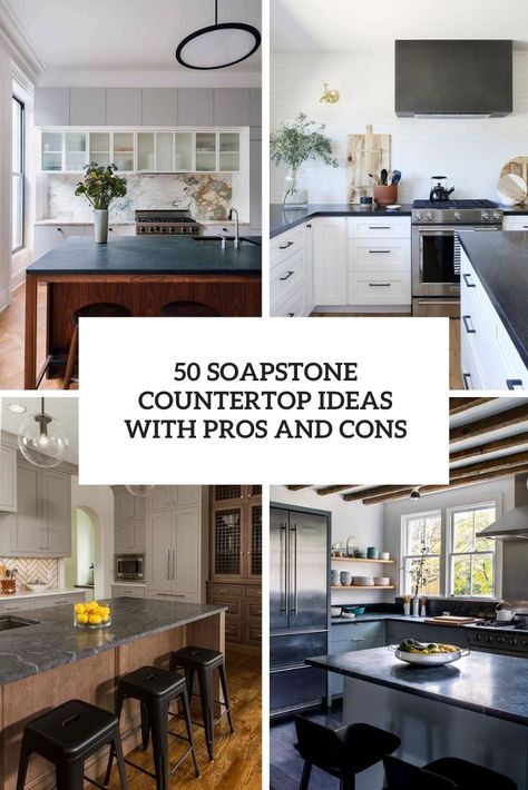 soapstone countertop ideas wiht pros and cons cover Soapstone Countertops Wood Cabinets, White Soapstone Countertops, Kitchen With Soapstone Countertops, Black Soapstone Countertops, White Herringbone Tile Backsplash, Soapstone Countertops Kitchen, White Shaker Style Kitchen, Vintage Green Kitchen, Contrasting Kitchen Island