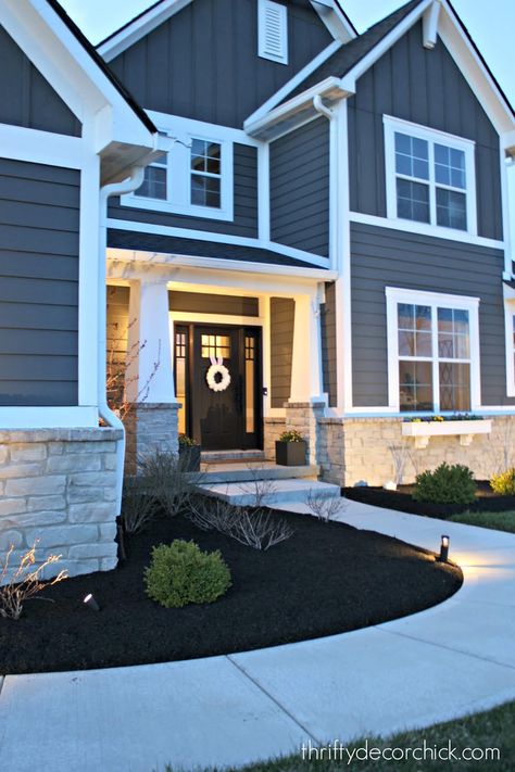 Slate Blue Gray House Exterior, Blue Siding White Brick, Grey House Black Roof White Trim, Charcoal Gray Siding With White Trim, Dark Grey Craftsman Exterior, Grey Homes Exterior, Slate Gray House Exterior White Trim, Slate Blue Siding Exterior, Siding For Houses Exterior