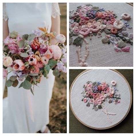 Hand Embroidered bridal bouquet by Bouquet Embroidery by Rachel #weddingkeepsake #bridalembroidery #bouquetembroidery #weddinggift #keepsake Bouquet Embroidery, New Couple, Baby Embroidery, Embroidered Wedding, Wedding Keepsakes, Bridal Flowers, Embroidery Kits, Custom Wedding, Bridal Bouquet