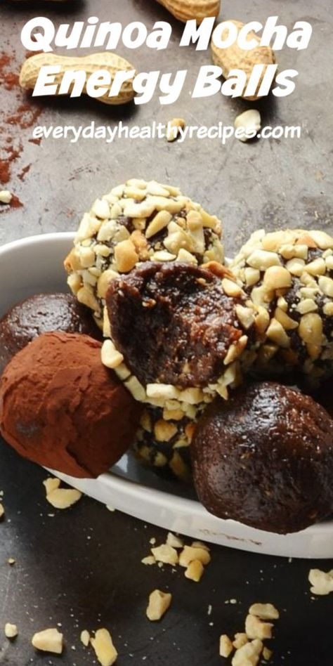 This recipe for quinoa mocha energy balls is packed full of healthy protein and delicious ingredients.  These balls make a fantastic, low carb snack or dessert. Refrigerate for up to 3 days. #energyballs #energybites #quinoarecipe #mocha #chocolaterecipes #healthysnacks #everydayhealthyrecipes Energy Balls Recipe, Peanut Butter Energy Balls, Healthier Snacks, Energy Ball Recipe, Veggie Chips, Low Carb Snack, Low Carb Dessert, Processed Sugar, Fiber Foods