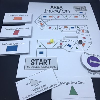 Blog post with rules and tips for playing this Area Invasion board game, which helps students practice finding the area of rectangles, parallelograms, triangles, trapezoids, and circles! Students find the area of shapes to move around the game board. Fun way to practice finding the area of shapes! Area Math Games, Area Math Activities, 6th Grade Math Games, Math Board Games, Math Board, 6th Grade Math, Maths Area, Math Boards, Math Intervention