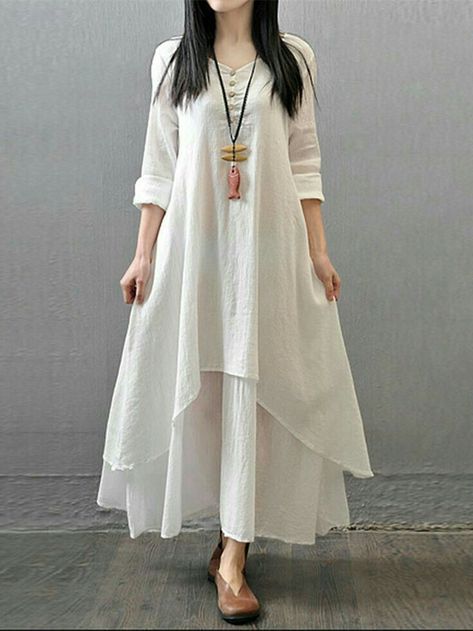 Projek Menjahit, Long Linen Dress, Cotton Linen Dresses, Vintage Maxi Dress, Vestido Casual, Dress Robes, Solid Dress, Outfit Casual, Vintage Cotton