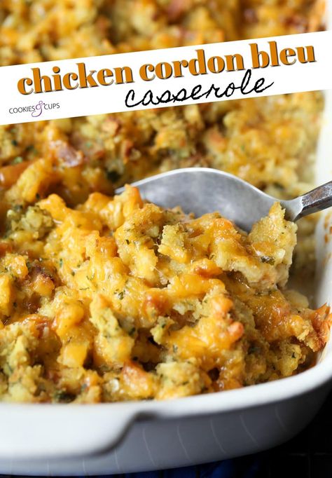 Chicken Cordon Bleu Casserole is an ultra easy, casserole spin on a classic dish. Layers of chicken, ham, cheese, and stuffing are all baked together to make a comfort food dish that everyone in your family will love! #cookiesandcups #chickencordonbleu #casserolerecipe #chickenrecipe #comfortfood Easy Chicken Cordon Bleu Casserole, Tuscan Mushrooms, Pregnancy Freezer Meals, Chicken Cordon Bleu Casserole Recipe, Baked Chicken Cordon Bleu, Easy Chicken Cordon Bleu, Cordon Bleu Casserole, Chicken Cordon Bleu Casserole, Freezable Meals