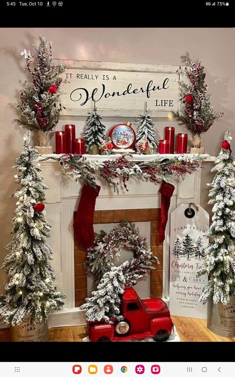 Red Truck Christmas Fireplace, Red Farm Truck Christmas, Farm Truck Decor Farmhouse, Red Truck Decor Christmas, Farm Truck Christmas Decor, Vintage Christmas Theme Decor, Vintage Christmas Fireplace Decor, Christmas Fireplace Decorations Mantles, Christmas Themes 2023