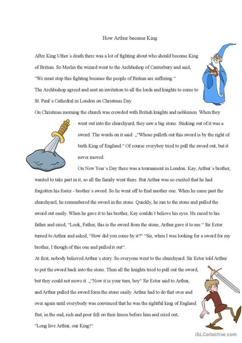 This worksheet follows the legend of King Arthur and Merlin the Magican. Students get an insight into the legend with the help of different tasks. That includes text work, translation, vocabularies. This worksheet uses three videos (link included), focused on the legend of King Arthur, Merlin and the myth. Vocabulary work focuses on German - English. Arthur And Merlin, King Arthur Merlin, Arthur Merlin, The Legend Of King Arthur, King Arthur Legend, Stem Ideas, Boys And Girls Club, German English, Esl Worksheets