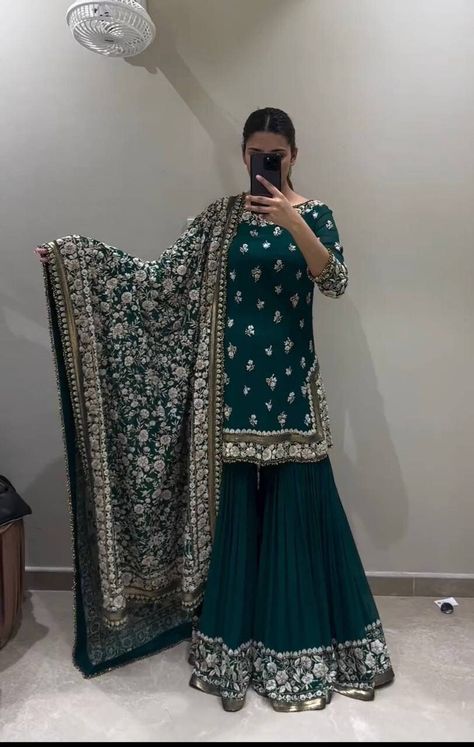 Green Sharara Suit, Garara Dress, Green Sharara, Mehendi Outfit, Sharara Suit, Sequence Work, Stylish Party Dresses, Sharara Set, Todays Outfit