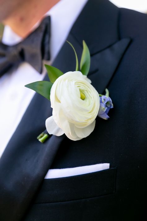 White Ranunculus Blue Delphinium Boutonniere, Boutineer Ideas Ranunculus, Blue White Boutonniere, White Blue Boutonniere, Blue Delphinium Boutonniere, Boutonniere Wedding Blue, White And Blue Boutonniere, Blue And White Boutonniere, Delphinium Boutonniere