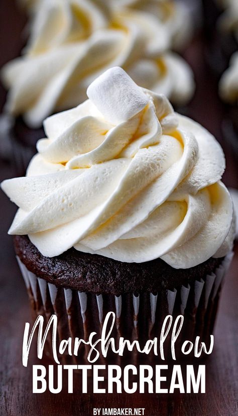 A dark chocolate cupcake with marshmallow buttercream piped on top. Marshmellow Icing Marshmallow Frosting, Marshmallow Cupcake Frosting, Frostings For Chocolate Cake, Buttercream Frosting Flavors, Easy Marshmallow Frosting, Marshmallow Buttercream Frosting Recipe, Bakery Frosting, Marshmallow Buttercream Frosting, Marshmallow Frosting Recipes