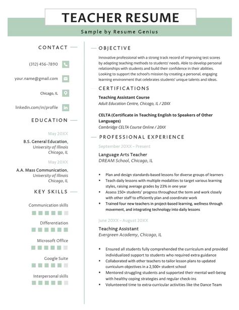 16+ Teacher Resume Examples & Text Templates for 2024 Elementary Teacher Resume, Teacher Resume Examples, Teaching Resume, Resume Objective Examples, Resume Template Examples, Teacher Resume Template, Jobs For Teachers, Teacher Assistant, Teaching Skills